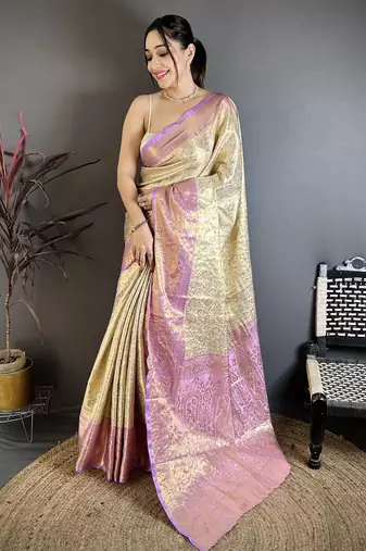 Cream kanjeevaram silk blend woven design saree with unstitched blouse piece