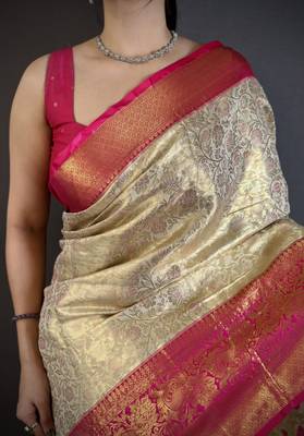 Cream kanjeevaram silk blend woven design saree with unstitched blouse piece 4