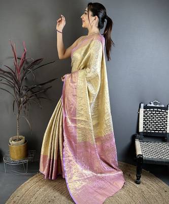 Cream kanjeevaram silk blend woven design saree with unstitched blouse piece 3