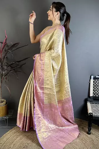 Cream kanjeevaram silk blend woven design saree with unstitched blouse piece