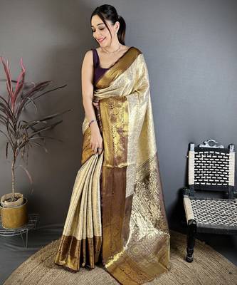 Cream kanjeevaram silk blend woven design saree with unstitched blouse piece 2