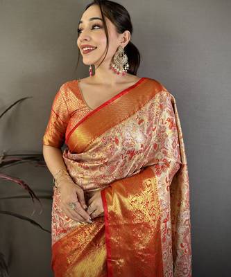 Gold kanjeevaram silk blend woven design saree with unstitched blouse piece 1