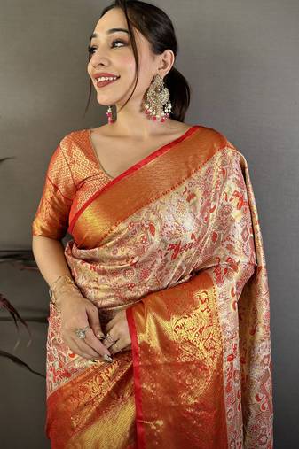 Gold kanjeevaram silk blend woven design saree with unstitched blouse piece