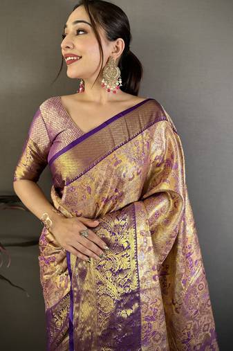 Gold kanjeevaram silk blend woven design saree with unstitched blouse piece