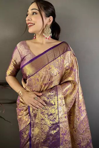 Gold kanjeevaram silk blend woven design saree with unstitched blouse piece