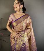 Gold kanjeevaram silk blend woven design saree with unstitched blouse piece
