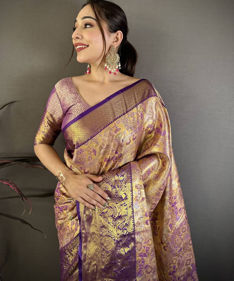 Gold kanjeevaram silk blend woven design saree with unstitched blouse piece