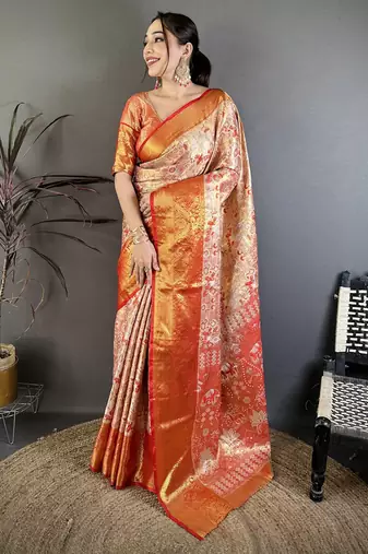 Gold kanjeevaram silk blend woven design saree with unstitched blouse piece