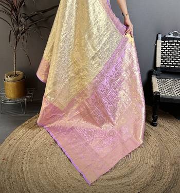 Cream kanjeevaram silk blend woven design saree with unstitched blouse piece 5