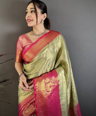 Pista kanjeevaram silk blend woven design saree with unstitched blouse piece 1