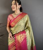Pista kanjeevaram silk woven design saree with unstitched blouse piece