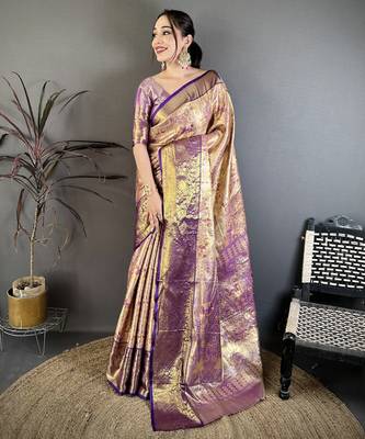 Gold kanjeevaram silk blend woven design saree with unstitched blouse piece 2