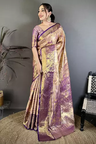 Gold kanjeevaram silk blend woven design saree with unstitched blouse piece