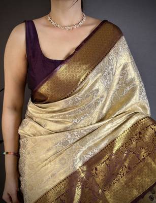 Cream kanjeevaram silk blend woven design saree with unstitched blouse piece 4