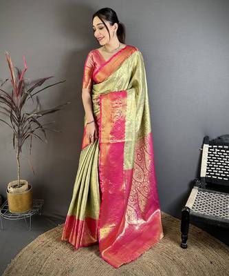 Pista kanjeevaram silk blend woven design saree with unstitched blouse piece 2