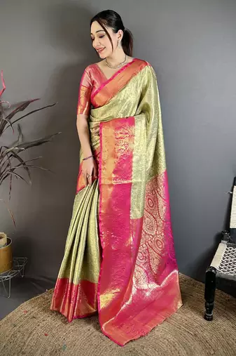 Pista kanjeevaram silk blend woven design saree with unstitched blouse piece