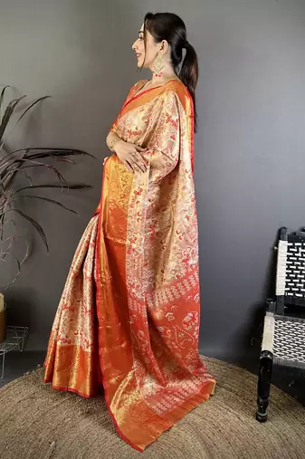 Gold kanjeevaram silk blend woven design saree with unstitched blouse piece