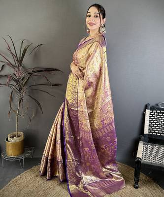 Gold kanjeevaram silk blend woven design saree with unstitched blouse piece 3