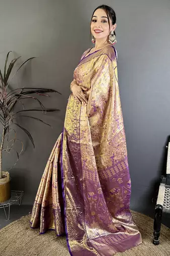 Gold kanjeevaram silk blend woven design saree with unstitched blouse piece