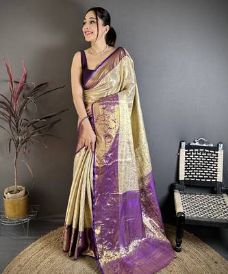 Cream kanjeevaram silk blend woven design saree with unstitched blouse piece 2
