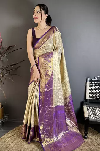 Cream kanjeevaram silk blend woven design saree with unstitched blouse piece