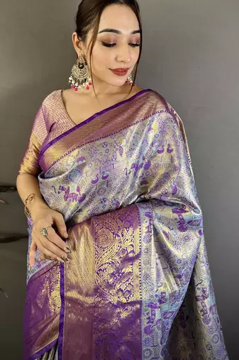 Sky blue kanjeevaram silk blend woven design saree with unstitched blouse piece