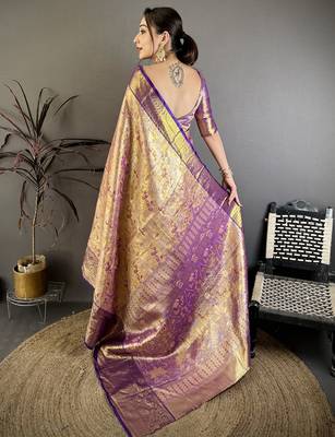 Gold kanjeevaram silk blend woven design saree with unstitched blouse piece 4