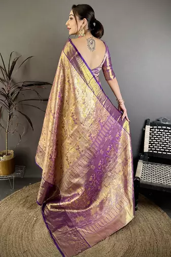 Gold kanjeevaram silk blend woven design saree with unstitched blouse piece