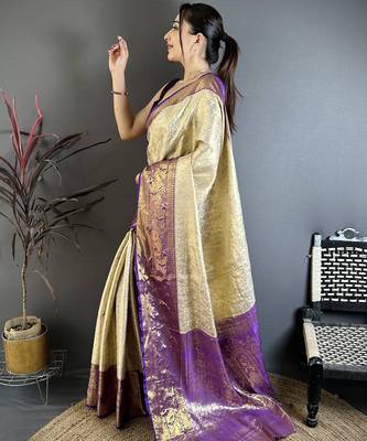 Cream kanjeevaram silk blend woven design saree with unstitched blouse piece 3