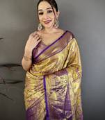 Gold kanjeevaram silk blend woven design saree with unstitched blouse piece