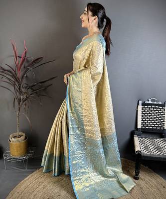 Cream kanjeevaram silk blend woven design saree with unstitched blouse piece 3