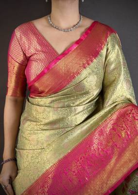 Pista kanjeevaram silk blend woven design saree with unstitched blouse piece 4
