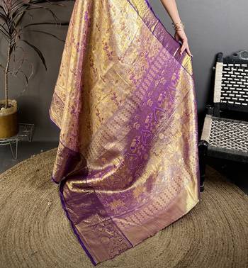 Gold kanjeevaram silk blend woven design saree with unstitched blouse piece 5