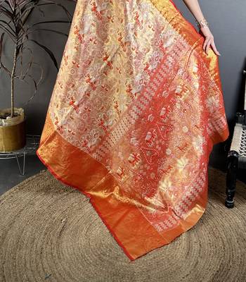 Gold kanjeevaram silk blend woven design saree with unstitched blouse piece 5