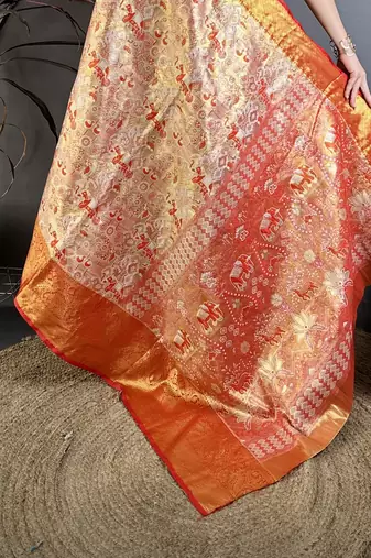 Gold kanjeevaram silk blend woven design saree with unstitched blouse piece