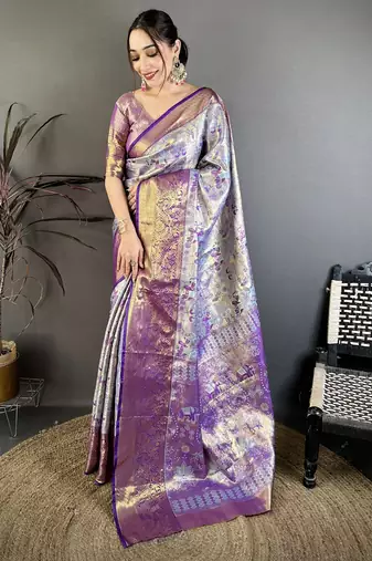 Sky blue kanjeevaram silk blend woven design saree with unstitched blouse piece