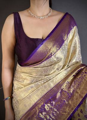 Cream kanjeevaram silk blend woven design saree with unstitched blouse piece 4