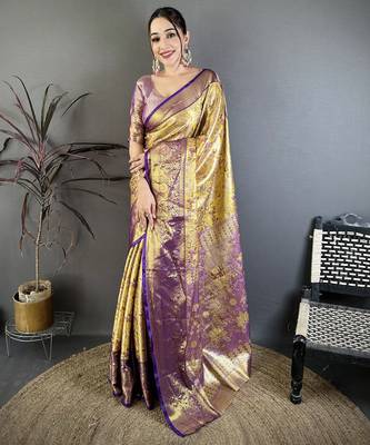 Gold kanjeevaram silk blend woven design saree with unstitched blouse piece 2