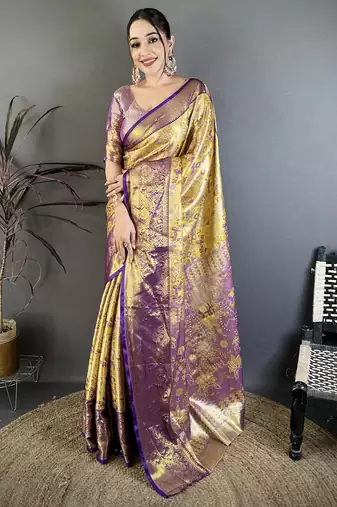 Gold kanjeevaram silk blend woven design saree with unstitched blouse piece