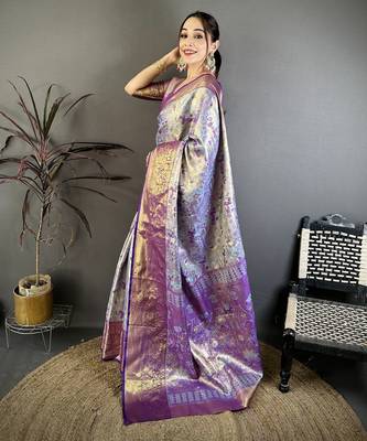 Sky blue kanjeevaram silk blend woven design saree with unstitched blouse piece 3