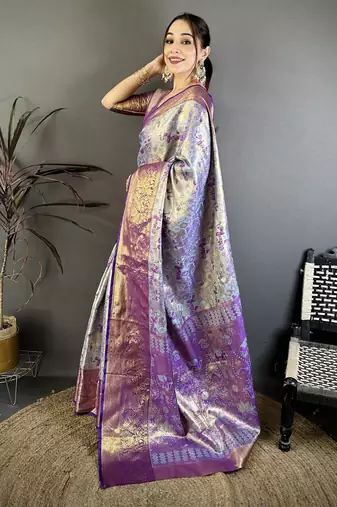 Sky blue kanjeevaram silk blend woven design saree with unstitched blouse piece