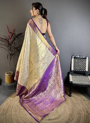 Cream kanjeevaram silk blend woven design saree with unstitched blouse piece 5