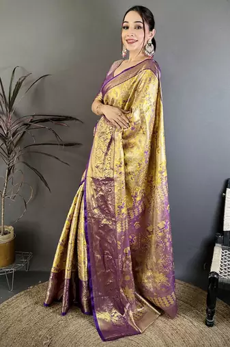 Gold kanjeevaram silk blend woven design saree with unstitched blouse piece