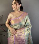 Sea green kanjeevaram silk blend woven design saree with unstitched blouse piece
