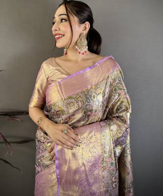 Olive kanjeevaram silk blend woven design saree with unstitched blouse piece 1