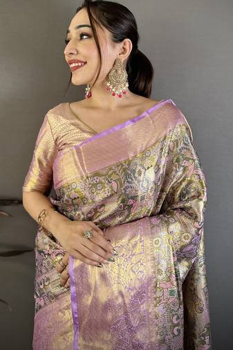 Olive kanjeevaram silk blend woven design saree with unstitched blouse piece