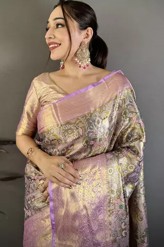 Olive kanjeevaram silk blend woven design saree with unstitched blouse piece