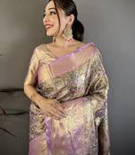 Olive kanjeevaram silk blend woven design saree with unstitched blouse piece