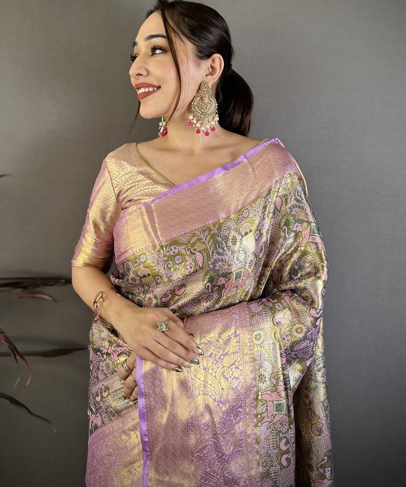 Olive kanjeevaram silk blend woven design saree with unstitched blouse piece