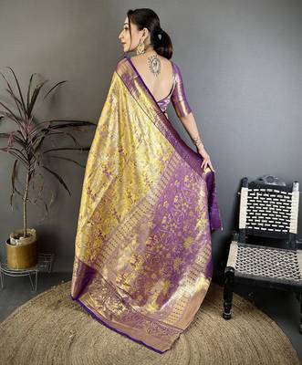 Gold kanjeevaram silk blend woven design saree with unstitched blouse piece 4